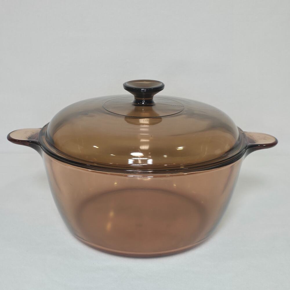 Vintage Corning Visions Amber Glass 4.5L Dutch Oven Stock Pot 5 Qt w Lid U.S.A.